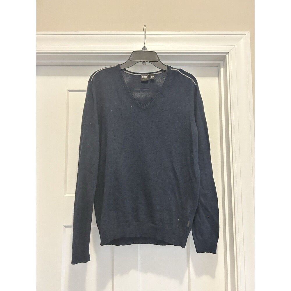 Mens Size Large Hugo Boss Long Sleeve Blue V Neck Wool Blend Sweater Academia